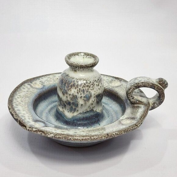 Alewine Pottery 4" Candle Holder Handle Brown Blue Speckle Incense 2011 Signed - Picture 1 of 10